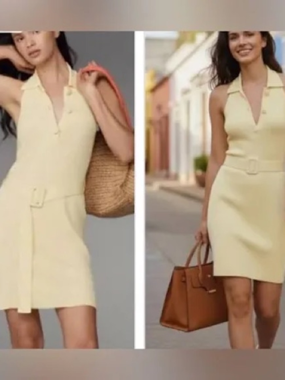 Anthropologie Yellow Ribbed Halter Midi Dress with Belt